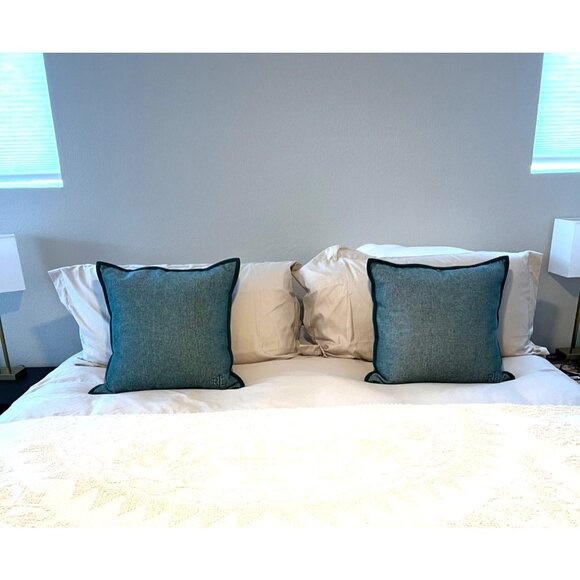 Lauren Ralph Lauren Set Of 2 Teal Green Microcheck Weave Pillow Shams 20x20 NWT - Picture 1 of 12